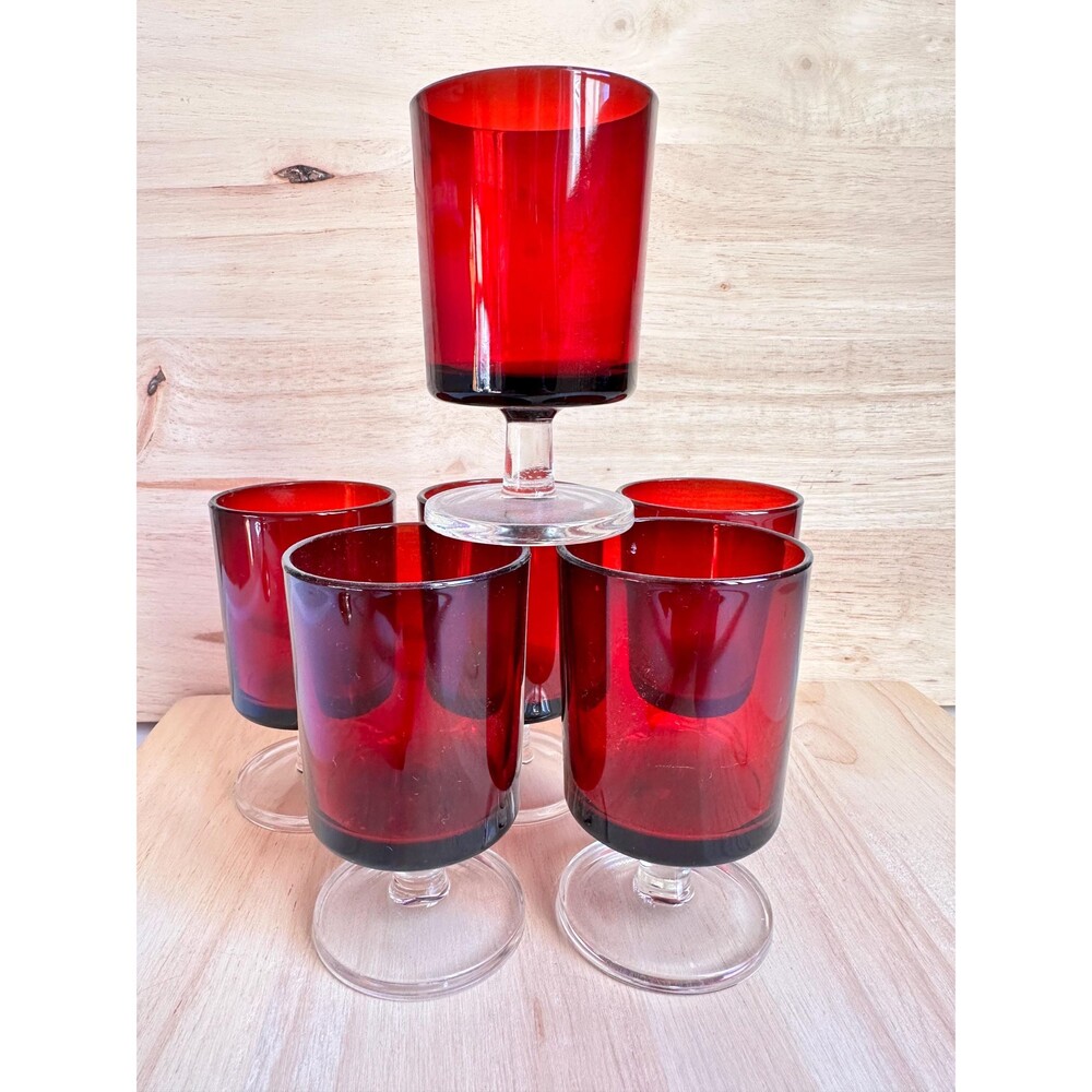 Vintage ruby red stemmed glasses, set of 6, Mid Century Modern barware France